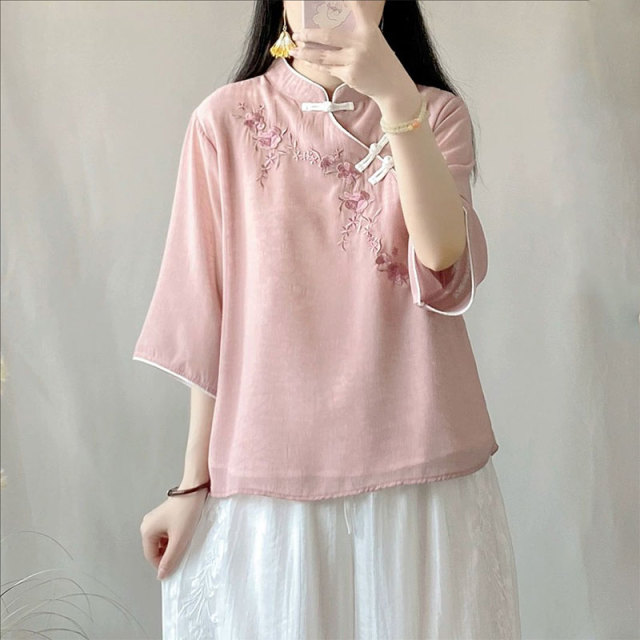 13460758.初云紫衣 女斜襟盘扣绣花立领七分袖上衣中国风复古茶服衬衫1002