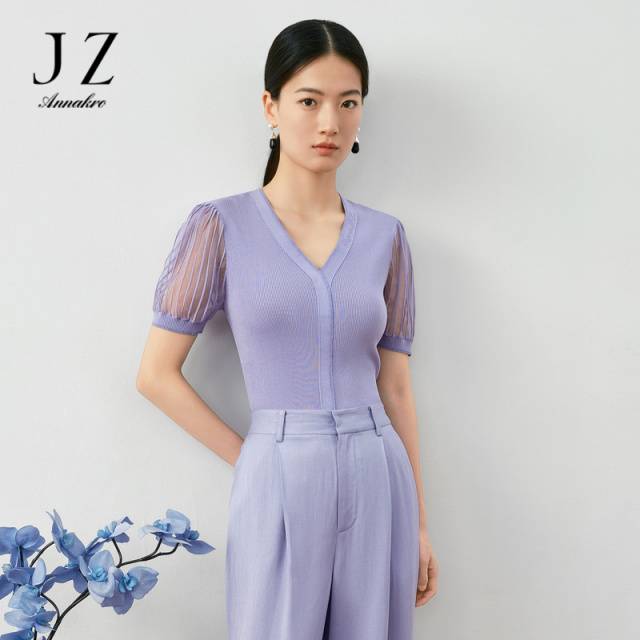 12158222.商场同款JZ玖姿设计感针织衫夏季新款优雅收腰短袖JWDX31223