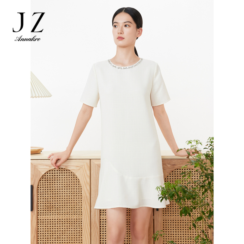 12158076.JZ玖姿法式小香风钻饰微收腰花呢格纹中长款连衣裙夏季新款