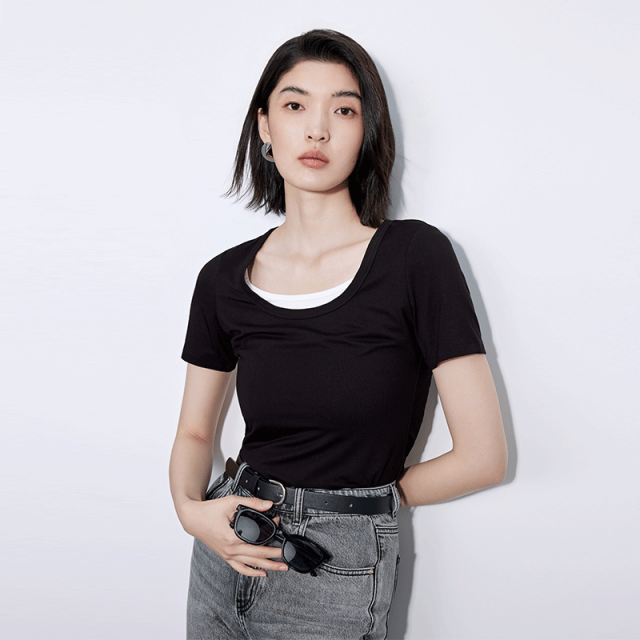 12173278.TKY SHOP假两件短袖T恤女2025夏新品黑色短款休闲上衣