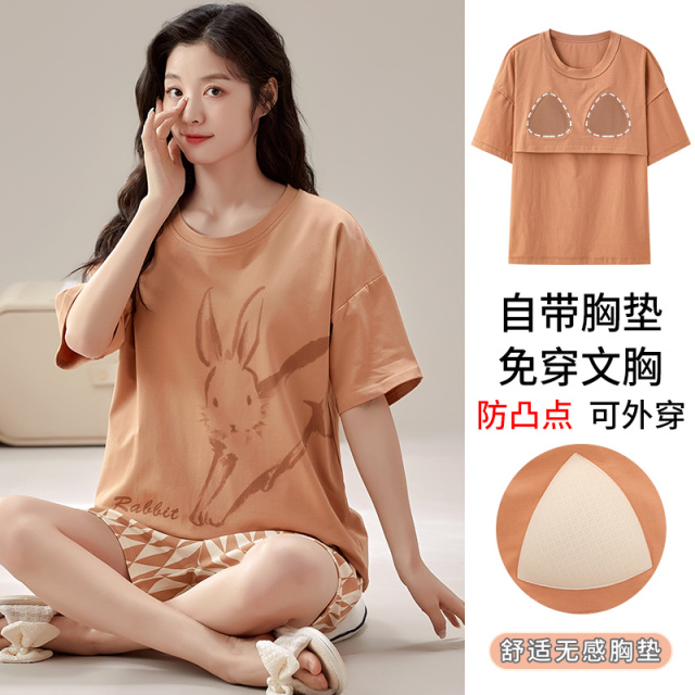 13649099.品彩【自带胸垫/免穿文胸】慵懒宽松夏季家居服女圆领短袖短裤两件套1047