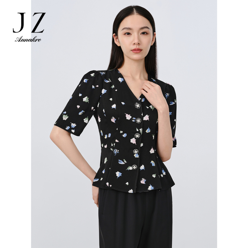12158202.玖姿安娜蔻复古摩登多彩印花收腰衬衫女夏季新款
