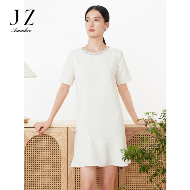 12158076.JZ玖姿法式小香风钻饰微收腰花呢格纹中长款连衣裙夏季新款