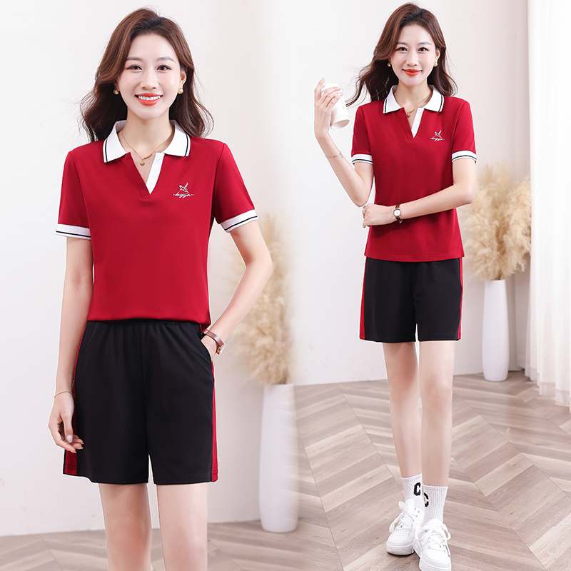 12161435.7-CY夏季新款女式气质减龄翻领短裤透气休闲套装【7-CY女装XJ】