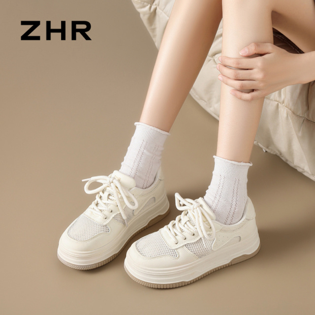 12735888.【ZHR则则】小白鞋圆头系带厚底女鞋[PU+网布]