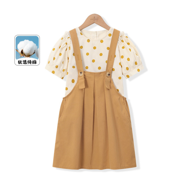 12165900.【波点衬衫纯色背带裙两件套】女童夏季新品田园风休闲纯棉套装