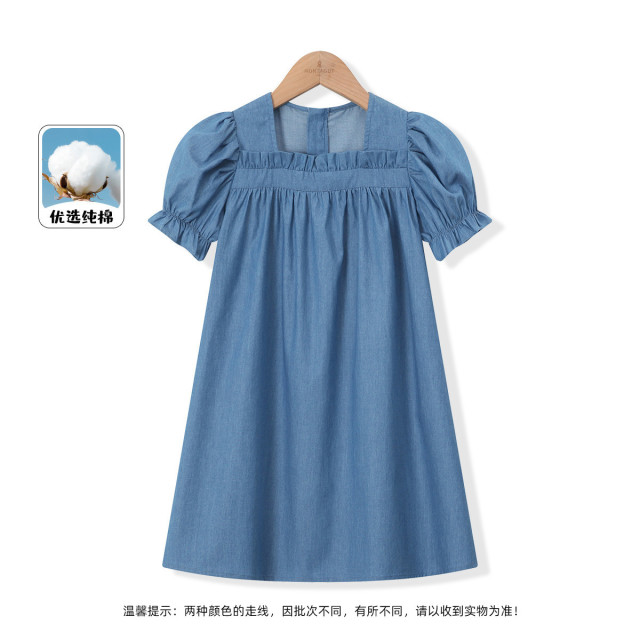 12165949.【法式方领纯棉牛仔连衣裙】女童夏季新款轻薄透气柔软宽松公主裙