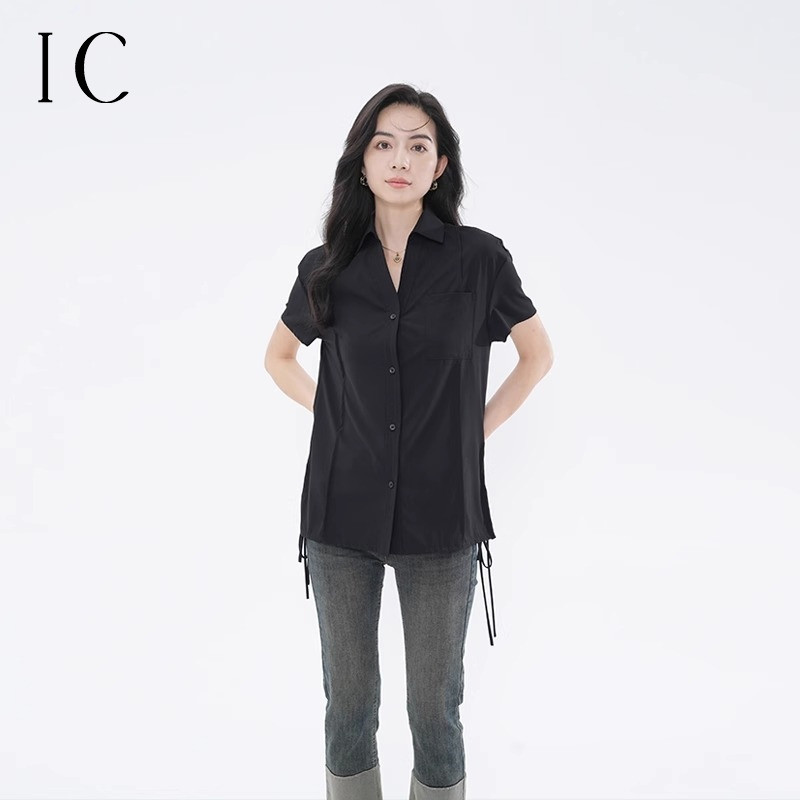 12165609.设计感小众大翻领侧边系绳衬衫休闲舒适上衣女日常百搭短袖衬衣