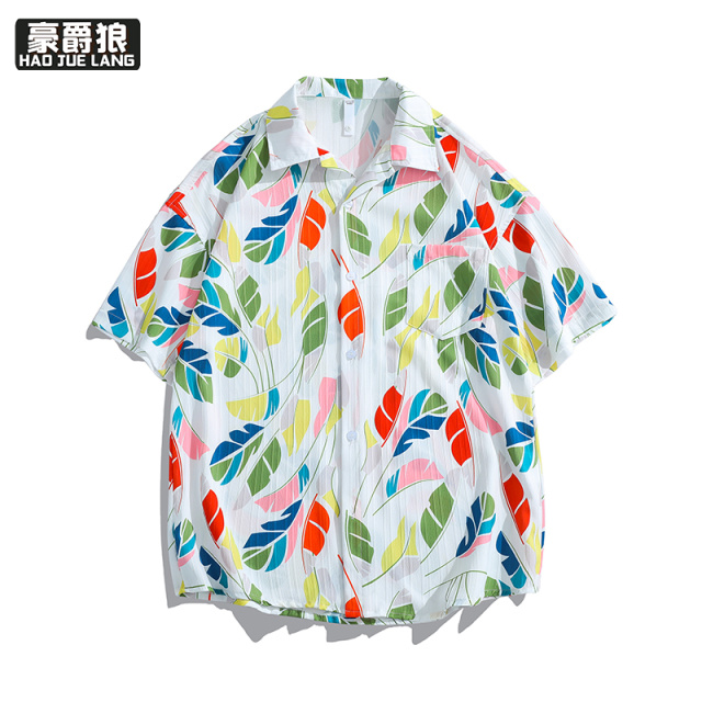 12167521.短袖衬衫男款夏季新款度假风美式复古花衬衣冰丝薄款宽松上衣