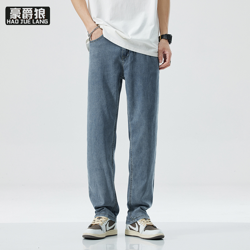 12167505.高端春夏丝软牛仔裤男士夏季薄款直筒宽松冰丝商务纯色休闲长裤子
