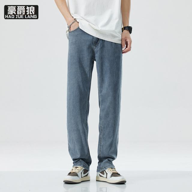 12167505.高端春夏丝软牛仔裤男士夏季薄款直筒宽松冰丝商务纯色休闲长裤子