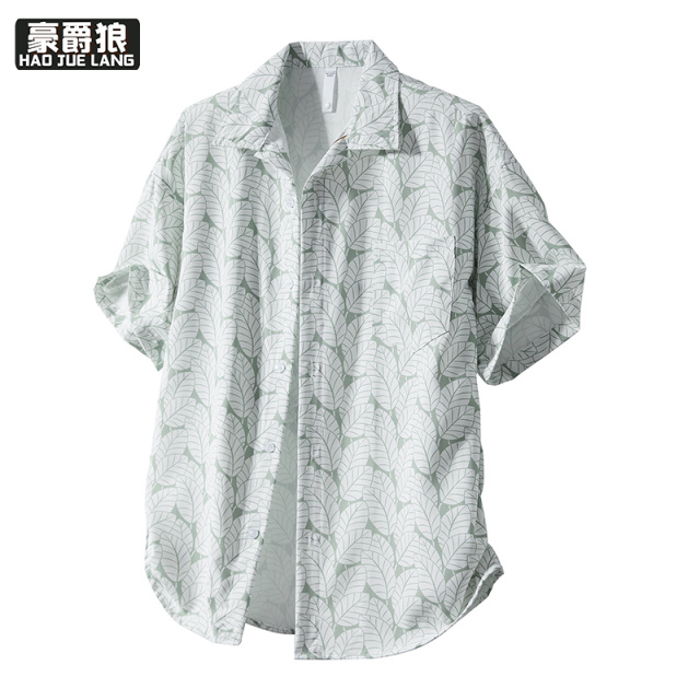 12167526.衬衫男短袖提花夏季新款翻领夏威夷风速干透气运动宽松百搭上衣潮