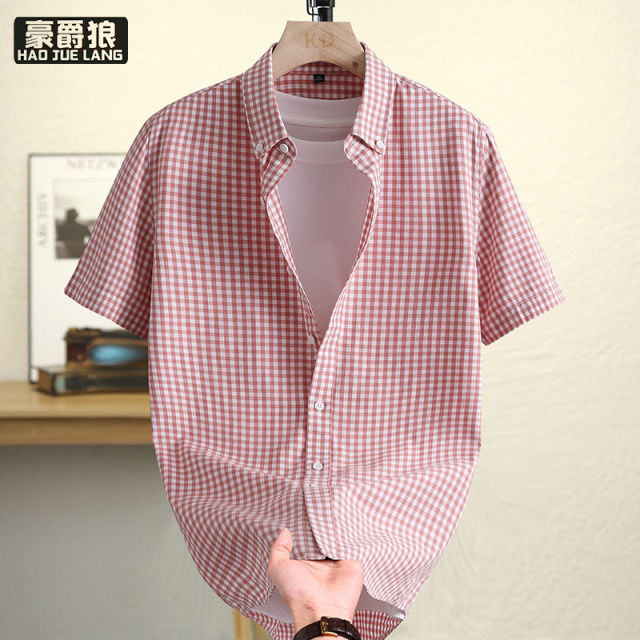 12167537.莱赛尔天丝棉格子薄款衬衫短袖男士新款夏季衬衣商务休闲寸衫