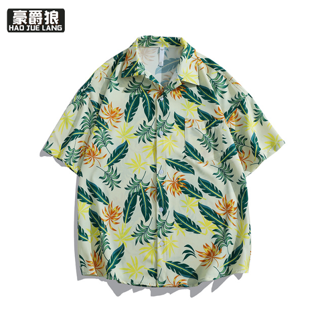 12167503.男装美式夏威夷碎花短袖衬衫男夏季薄款上衣休闲度假沙滩衬衣