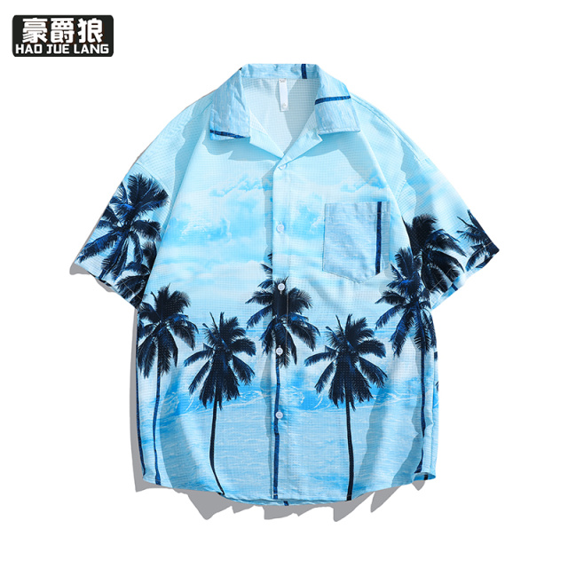 12167509.度假风泰式复古花衬衫夏季新款冰丝短袖男装上衣潮牌夏天薄款