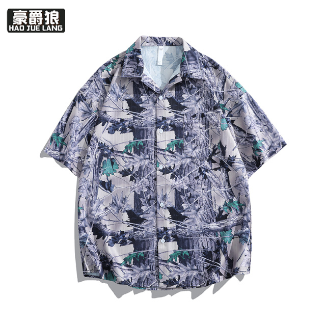 12167512.冰丝短袖碎花衬衫男夏季新款古巴领夏威夷宽松休闲度假衬衣潮