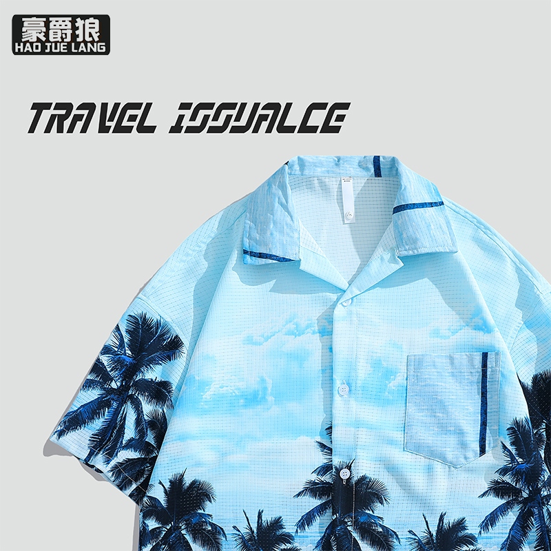 12167509.度假风泰式复古花衬衫夏季新款冰丝短袖男装上衣潮牌夏天薄款