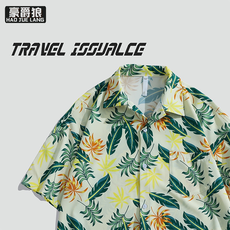 12167503.男装美式夏威夷碎花短袖衬衫男夏季薄款上衣休闲度假沙滩衬衣