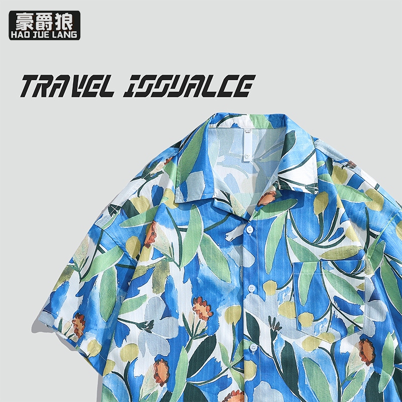 12167517.夏威夷碎花短袖衬衫男夏季港味休闲宽松痞帅潮外套沙滩花衬衣
