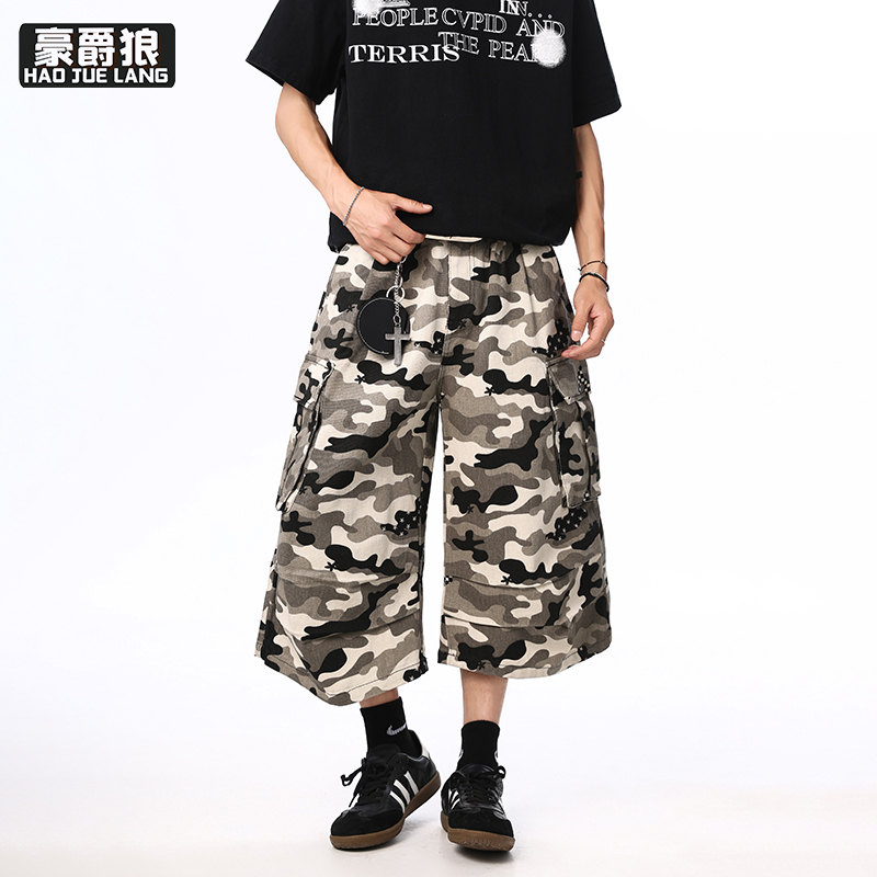 12167590.美式迷彩牛仔裤工装七分男士宽松直筒休闲时尚百搭潮流男士休闲裤