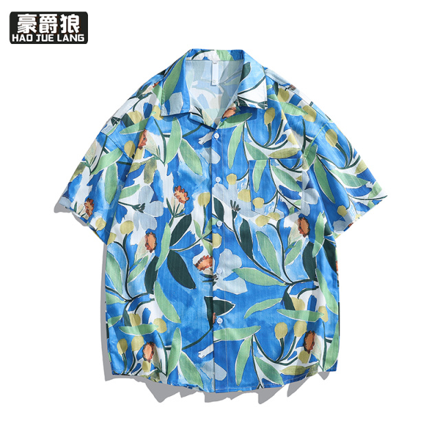 12167517.夏威夷碎花短袖衬衫男夏季港味休闲宽松痞帅潮外套沙滩花衬衣