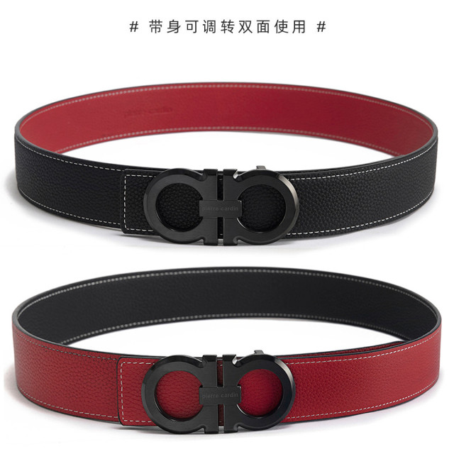 12191527.皮尔·卡丹头层牛皮不锈钢板扣男士皮带百搭红腰带西装裤带双面带身新年/情人节礼物