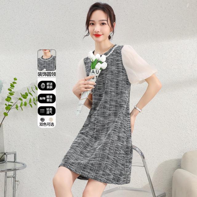 12195911.【专柜同款】【连衣裙】夏季圆领时尚百搭撞色泡泡袖A字裙女