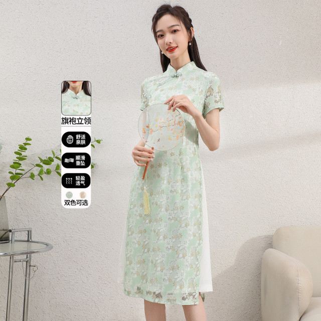 12195888.【专柜同款】【改良旗袍】夏季立领盘扣短袖长裙气质减龄连衣裙女