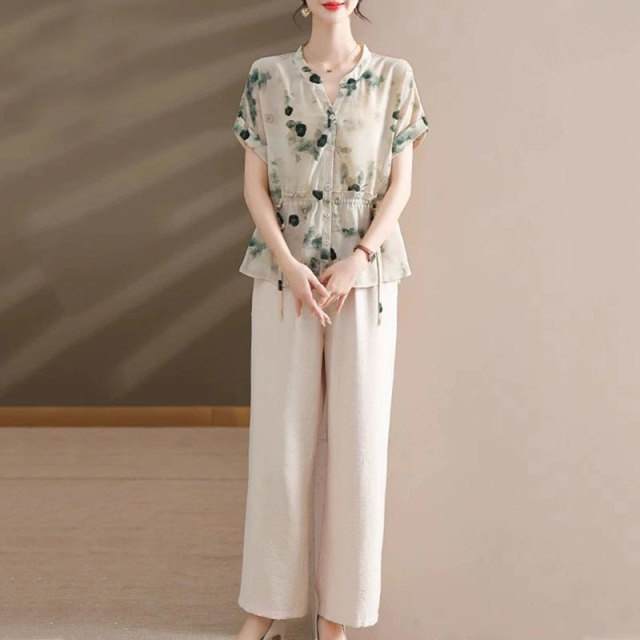 13460742.初云紫衣夏装 女文艺复古套装时尚上衣收腰显瘦短袖衬衫两件套9429