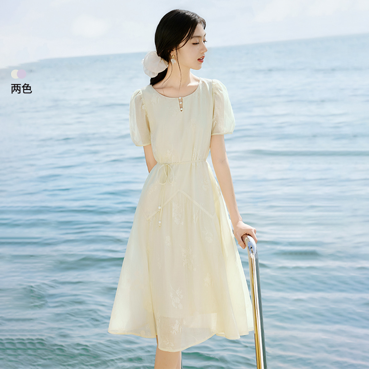 12185008.2025夏装薰衣草紫印花连衣裙收腰系带温柔风泡泡袖裙子
