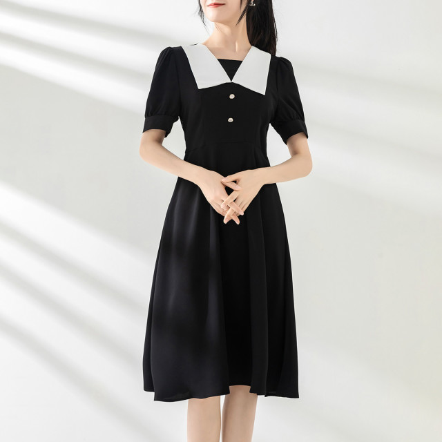 12195942.【清仓特卖】【连衣裙】夏季薄款拼色翻领垂感中长收腰显瘦减龄简约A裙