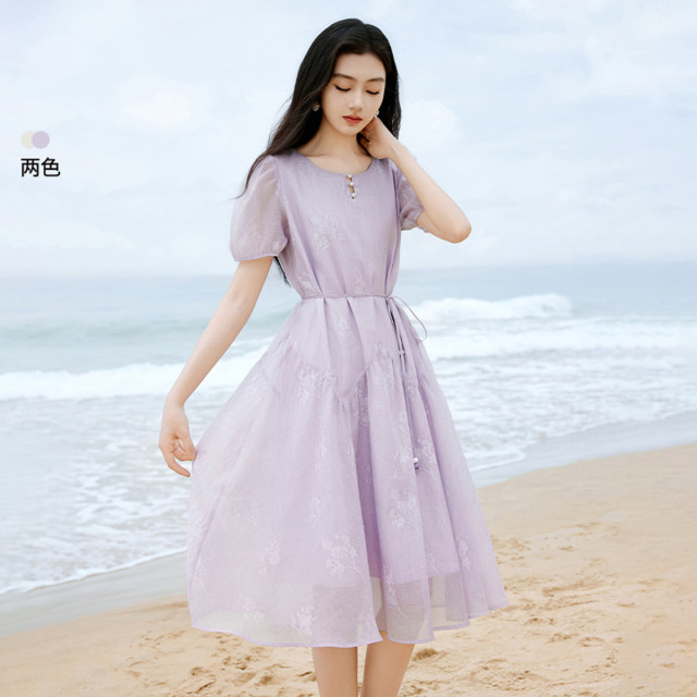 12185008.2025夏装薰衣草紫印花连衣裙收腰系带温柔风泡泡袖裙子