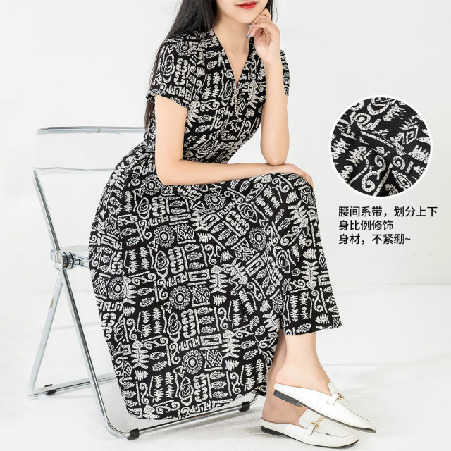 12195889.【清仓特卖】【印花】夏季薄款V领短袖中长裙收腰显瘦气质连衣裙