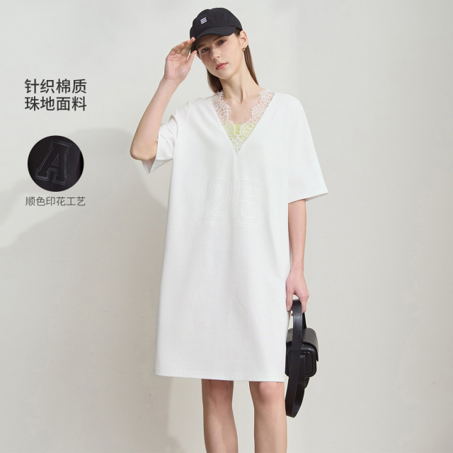 12190684.2025夏款拼蕾丝V领宽松连衣裙女字母数字印花中袖直筒裙子