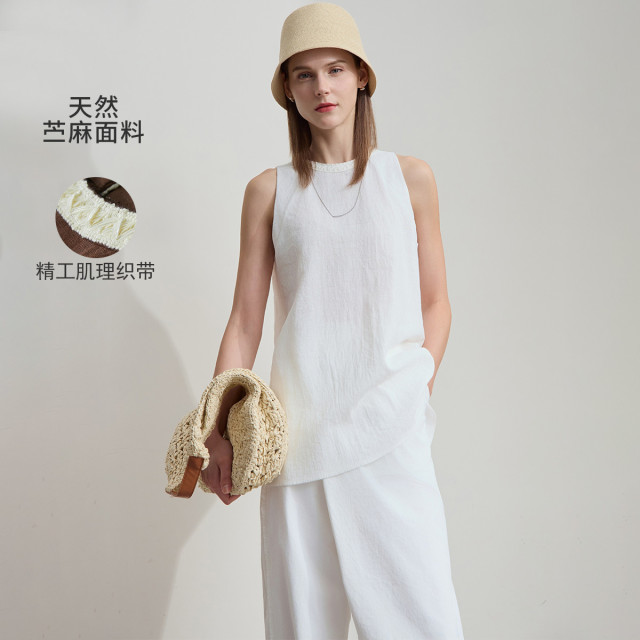 12190762.2025夏款拼接肌理织带圆领苎麻宽松吊带背心女A字型上衣