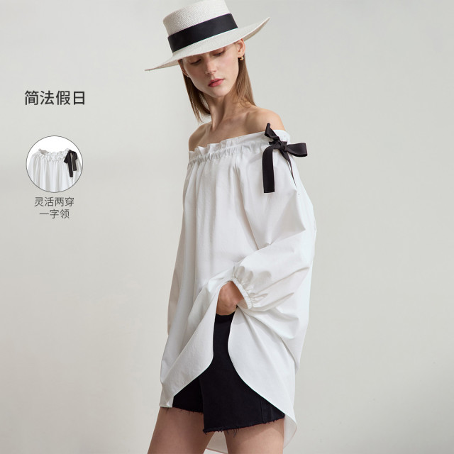 12190764.2025夏款极简度假风通勤宽松中长七分袖一字领绑带衬衫女上衣
