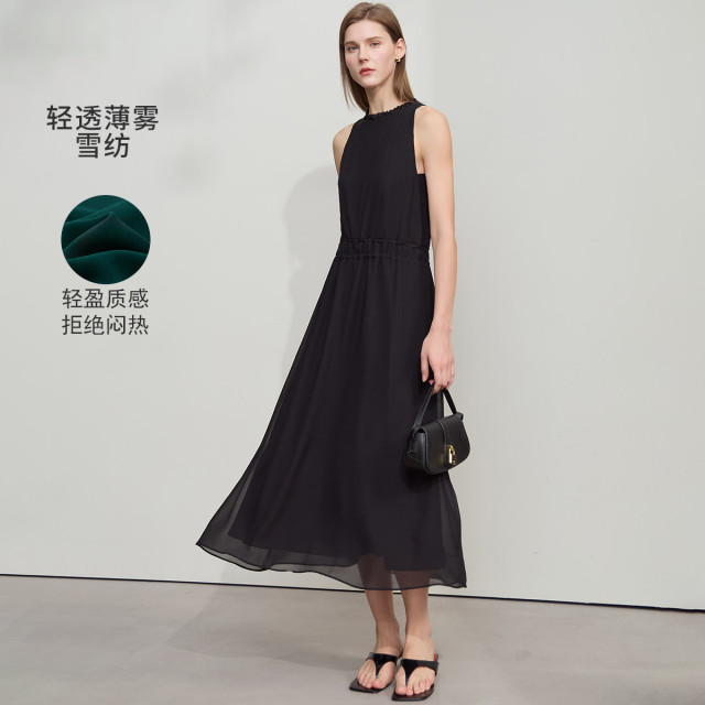 12190708.新款极简木耳边领口长款宽松可调腰绳雪纺无袖连衣裙