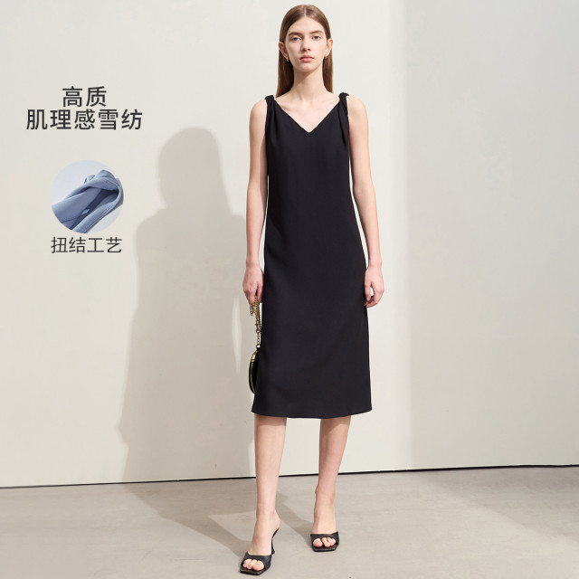 12190815.新款通勤V领扭结无袖背心裙连衣裙女露背宽松雪纺裙子