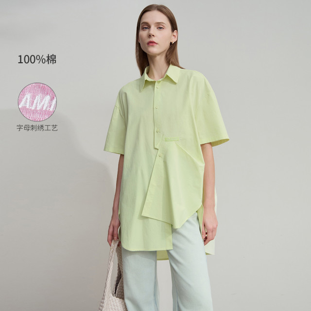 12190739.2025夏款翻领刺绣收褶落肩袖全棉衬衫女前短后长开叉上衣