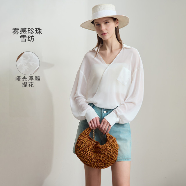 12190804.新款极简纯色V领落肩袖薄款透肤宽松雪纺衫女通衬衫