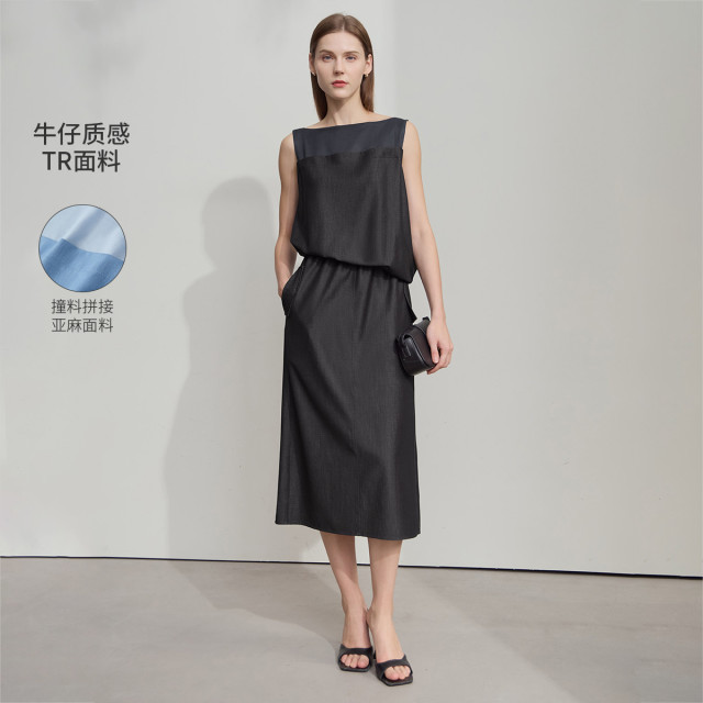 12190753.2025夏款一字领无袖撞料拼接连衣裙女橡筋斜腰线开叉裙子