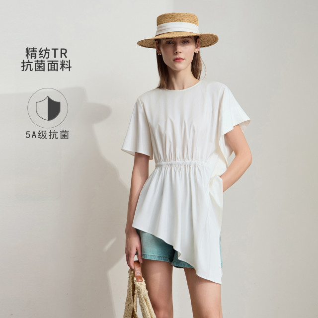 12190747.2025夏款通勤风圆领不规则斜摆抗菌衬衫女橡筋收腰短袖上衣