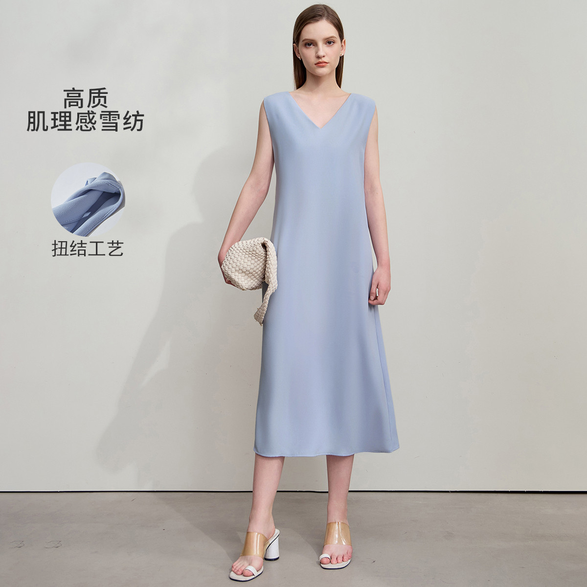 12190815.新款通勤V领扭结无袖背心裙连衣裙女露背宽松雪纺裙子