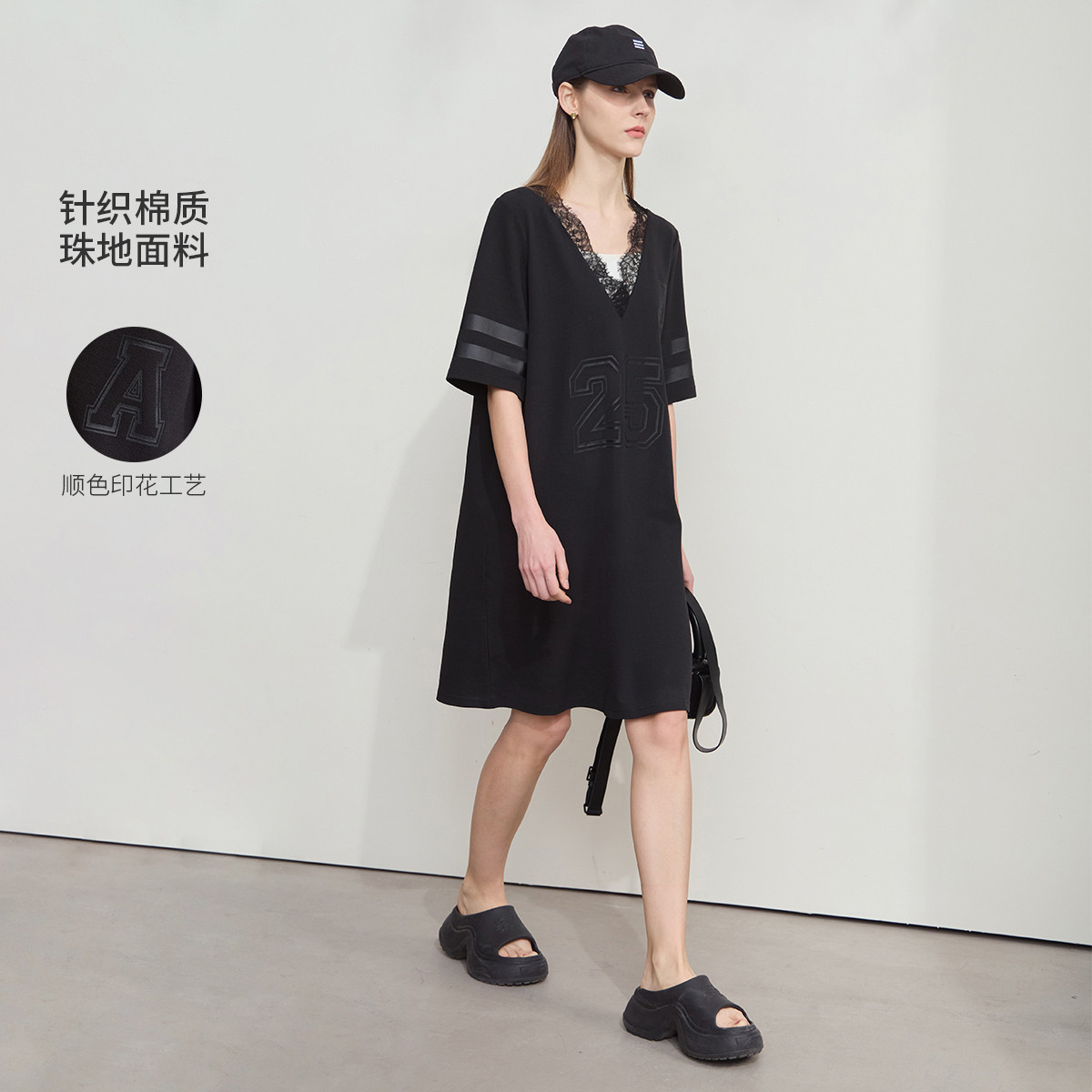 12190684.2025夏款拼蕾丝V领宽松连衣裙女字母数字印花中袖直筒裙子