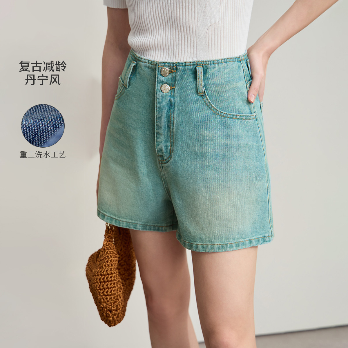 12190688.新款百搭丹宁风无腰头复古洗水棉质牛仔短裤女休闲裤子