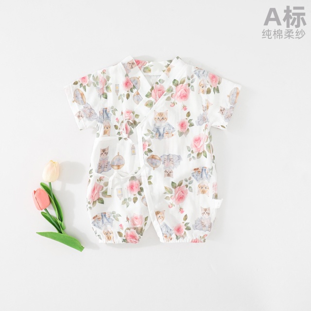 12181984.木木屋正品婴幼儿A类纯棉哈衣夏季外出纱布斜襟系带连体衣柔软舒适爬服