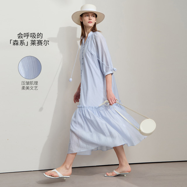 12190758.新款短袖通勤极简压皱肌理莱赛尔合体长款连衣裙