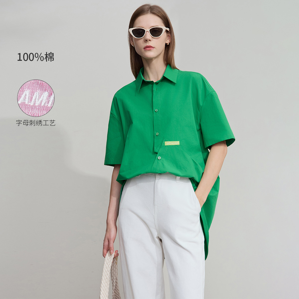 12190739.2025夏款翻领刺绣收褶落肩袖全棉衬衫女前短后长开叉上衣