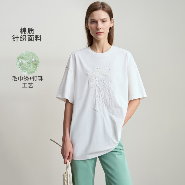 12190783.新款海洋风毛巾绣钉珠工艺圆领T恤女宽松落肩袖上衣