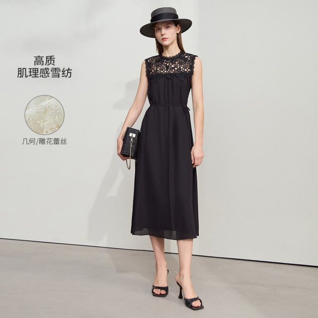 12190805.新款度假风拼蕾丝无袖半身裙女可拆细腰带宽松小黑裙子